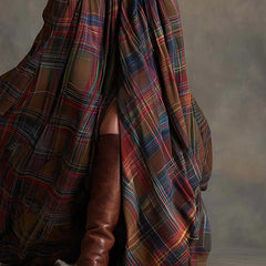 Beatriz long checkered dress, belt and shirt collar detail