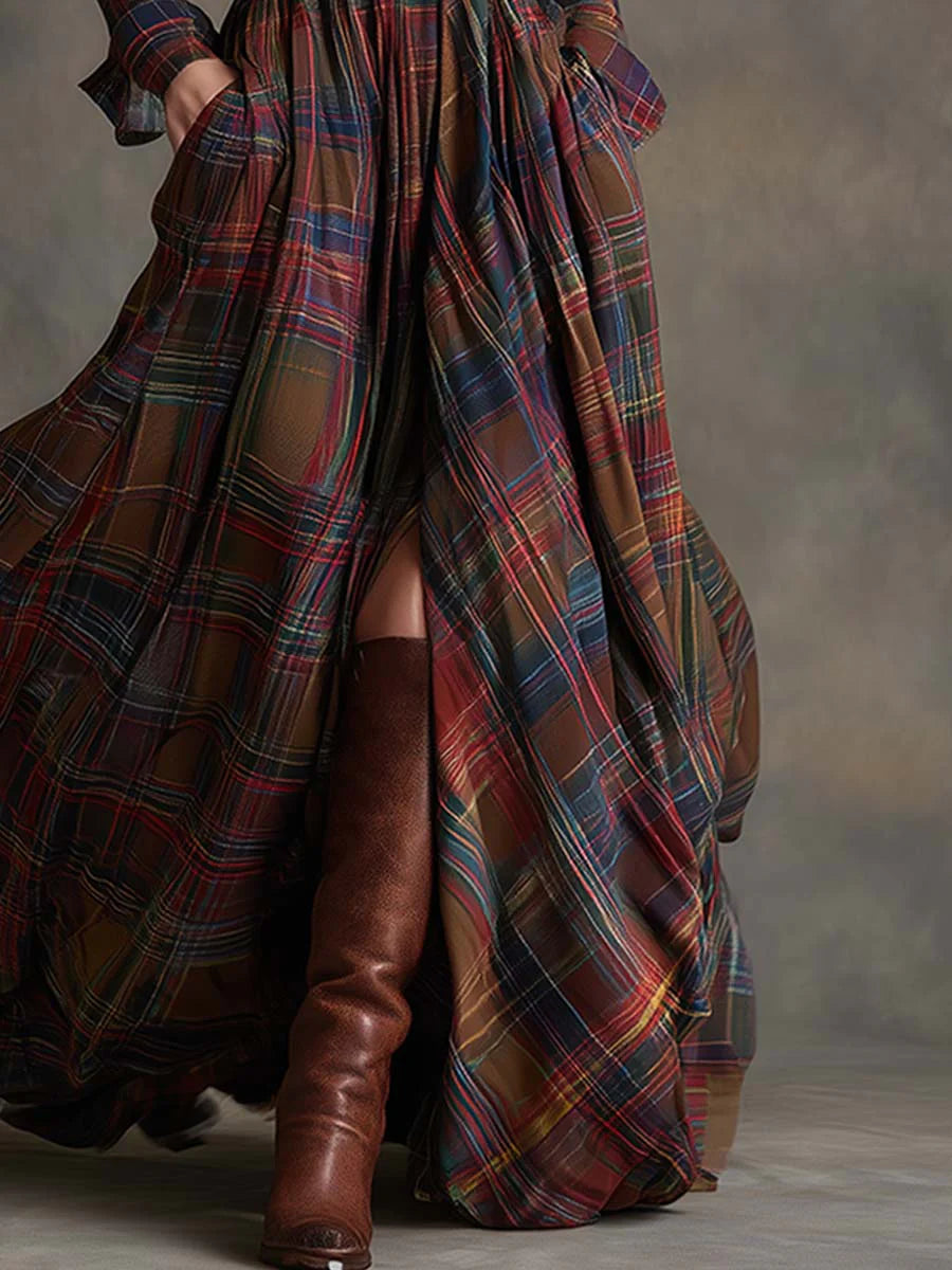 Beatriz long checkered dress, belt and shirt collar detail