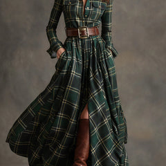 Beatriz long checkered dress with belt in Green Check