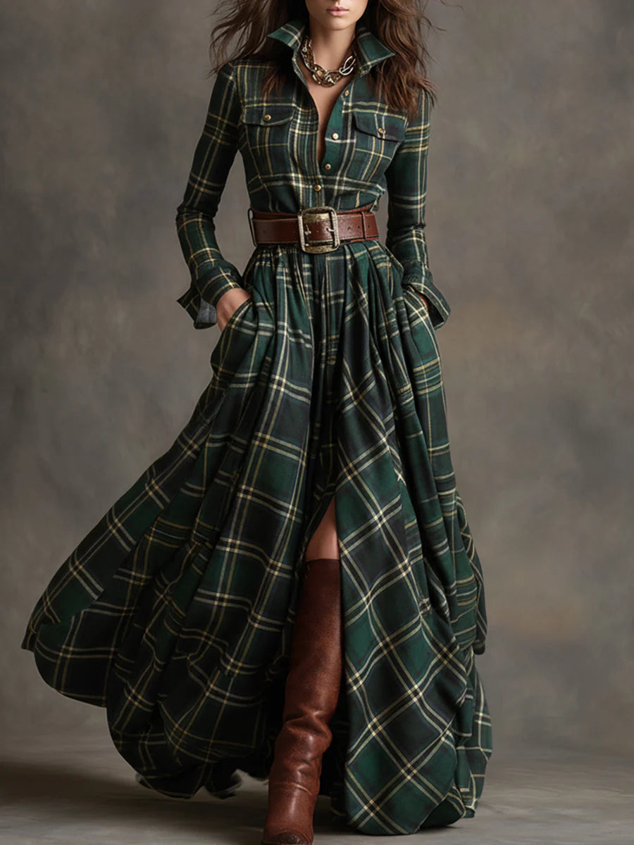Beatriz long checkered dress with belt in Green Check