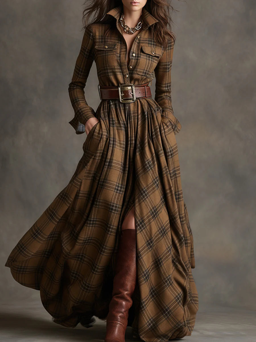 Beatriz long checkered dress with belt in Brown Check
