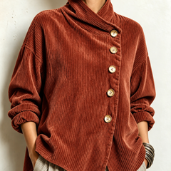 Amber corduroy button up top in Terracotta