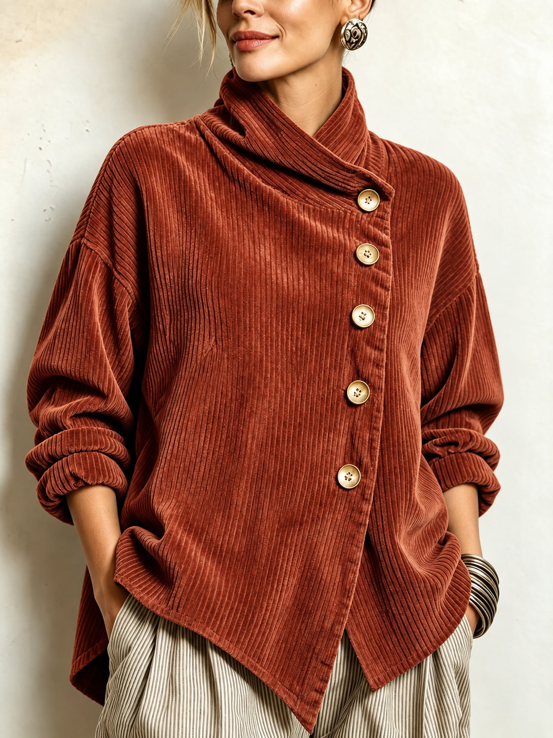 Amber corduroy button up top in Terracotta