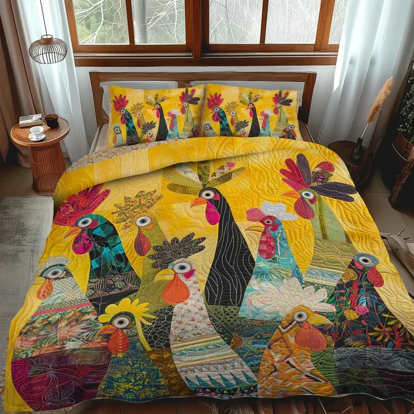 Morning Roosters 3-Piece Quilted Bedding Set