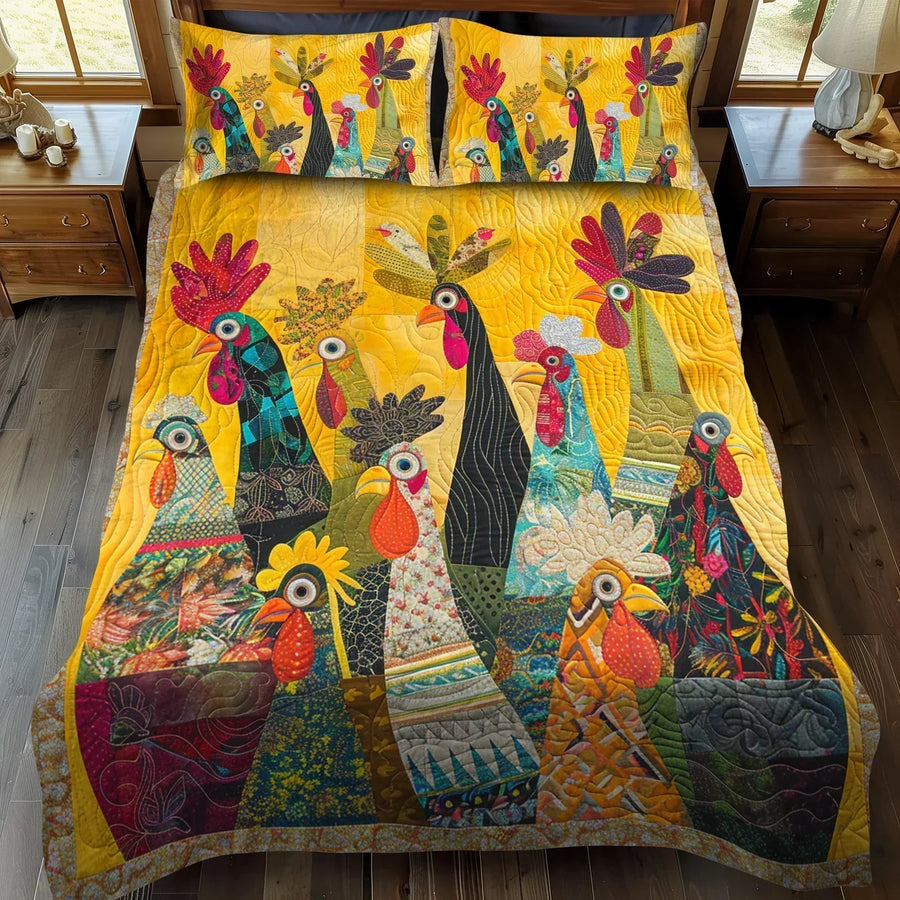 Morning Roosters 3-Piece Quilted Bedding Set