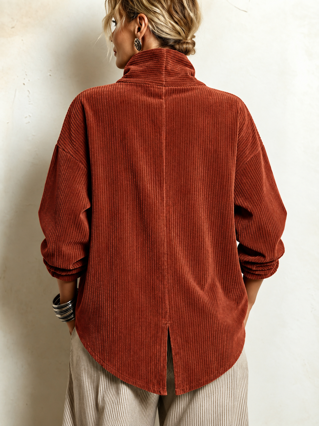 Amber corduroy button up top in Terracotta