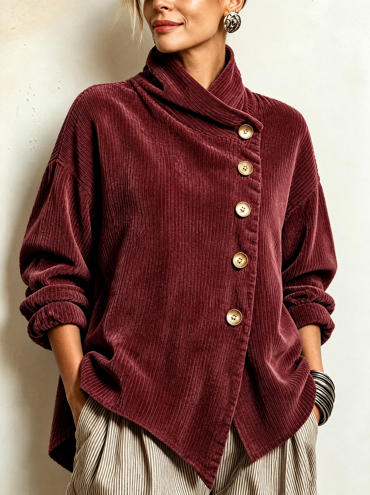 Amber corduroy button up top in Burgundy
