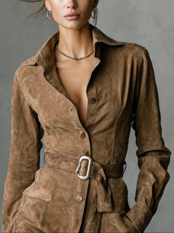 Adeline | Suede Look Belted Shirt Dress