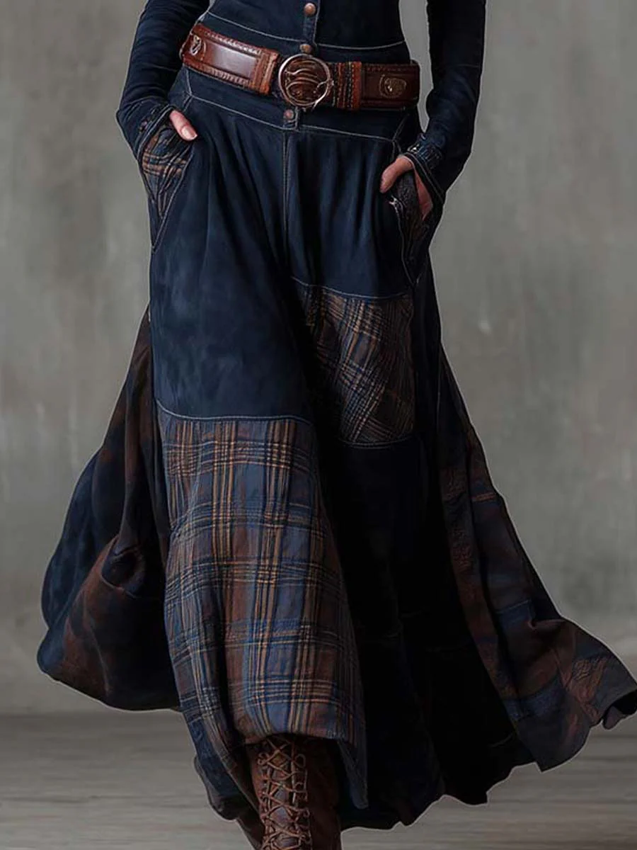 Elisa suede maxi dress with belt, patchwork skirt and ankle boots