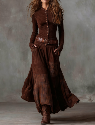 Elisa suede maxi dress with belt in Brown