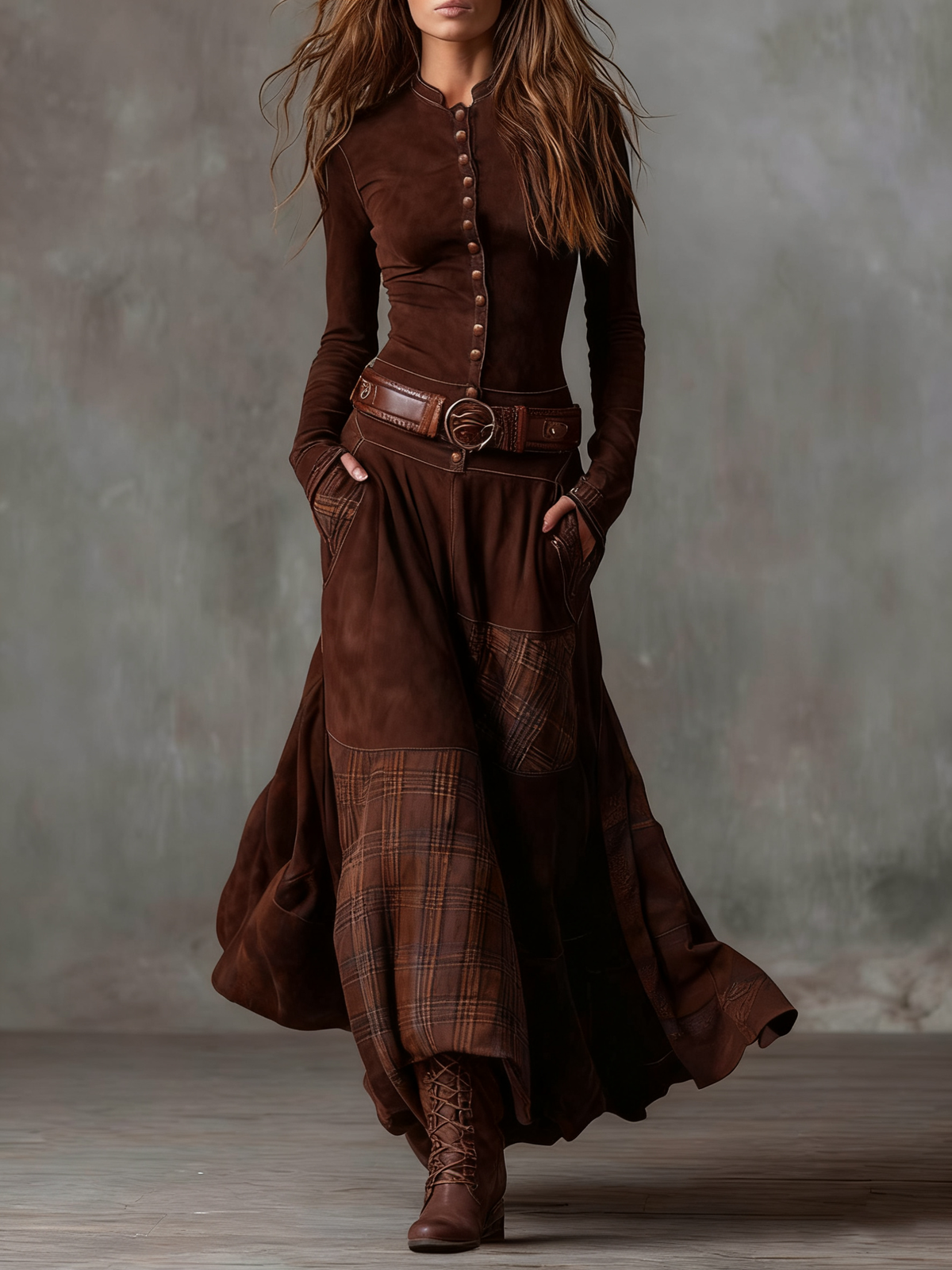 Elisa suede maxi dress with belt in Brown