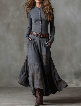 Elisa suede maxi dress with belt in Grey