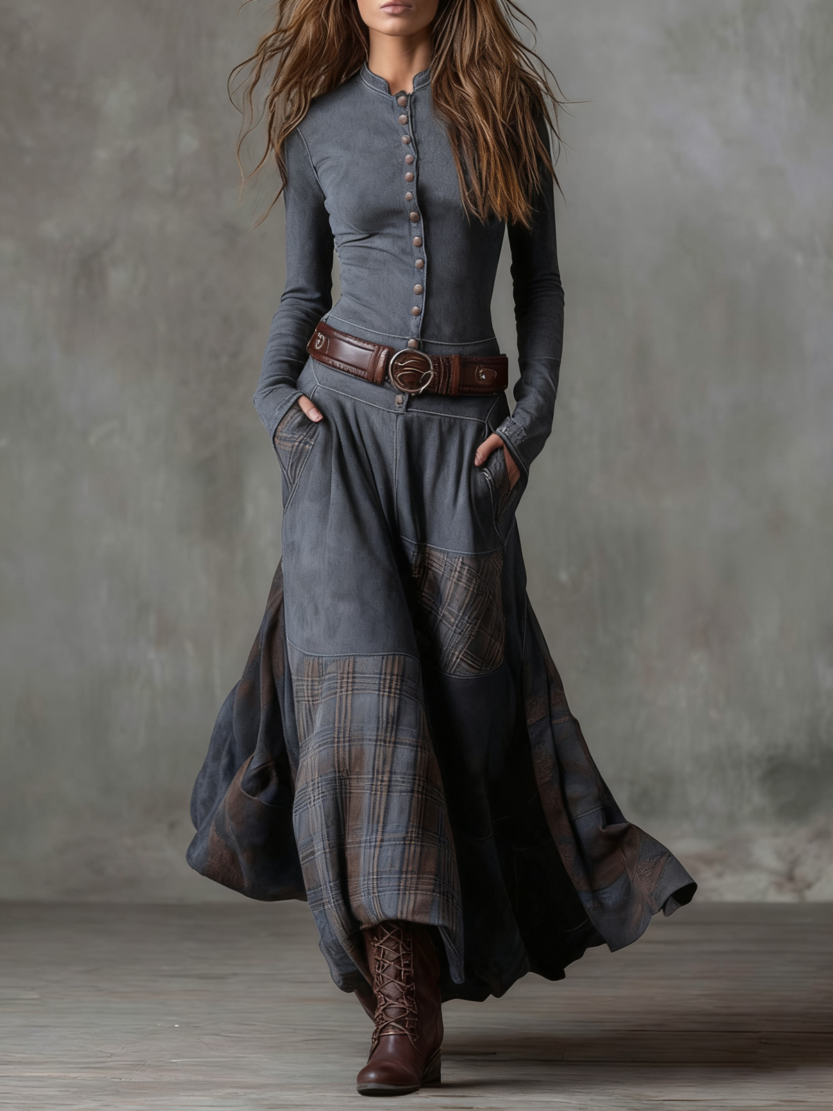 Elisa suede maxi dress with belt in Grey