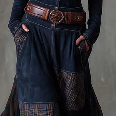 Elisa suede maxi dress with belt, patchwork skirt and ankle boots