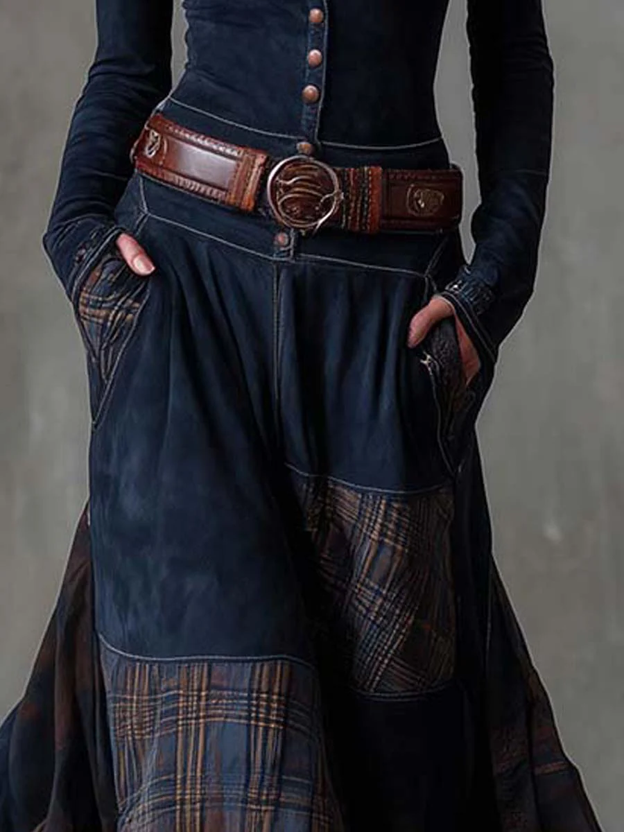 Elisa suede maxi dress with belt, patchwork skirt and ankle boots
