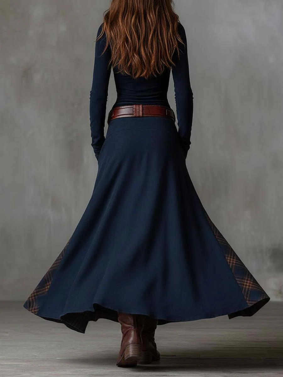 Elisa suede maxi dress with belt, patchwork skirt and ankle boots