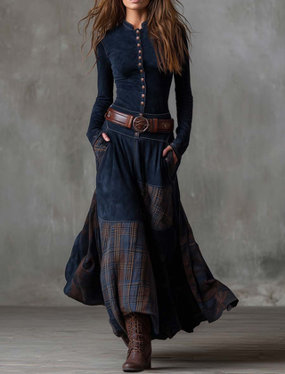Elisa suede maxi dress with belt in Navy Blue