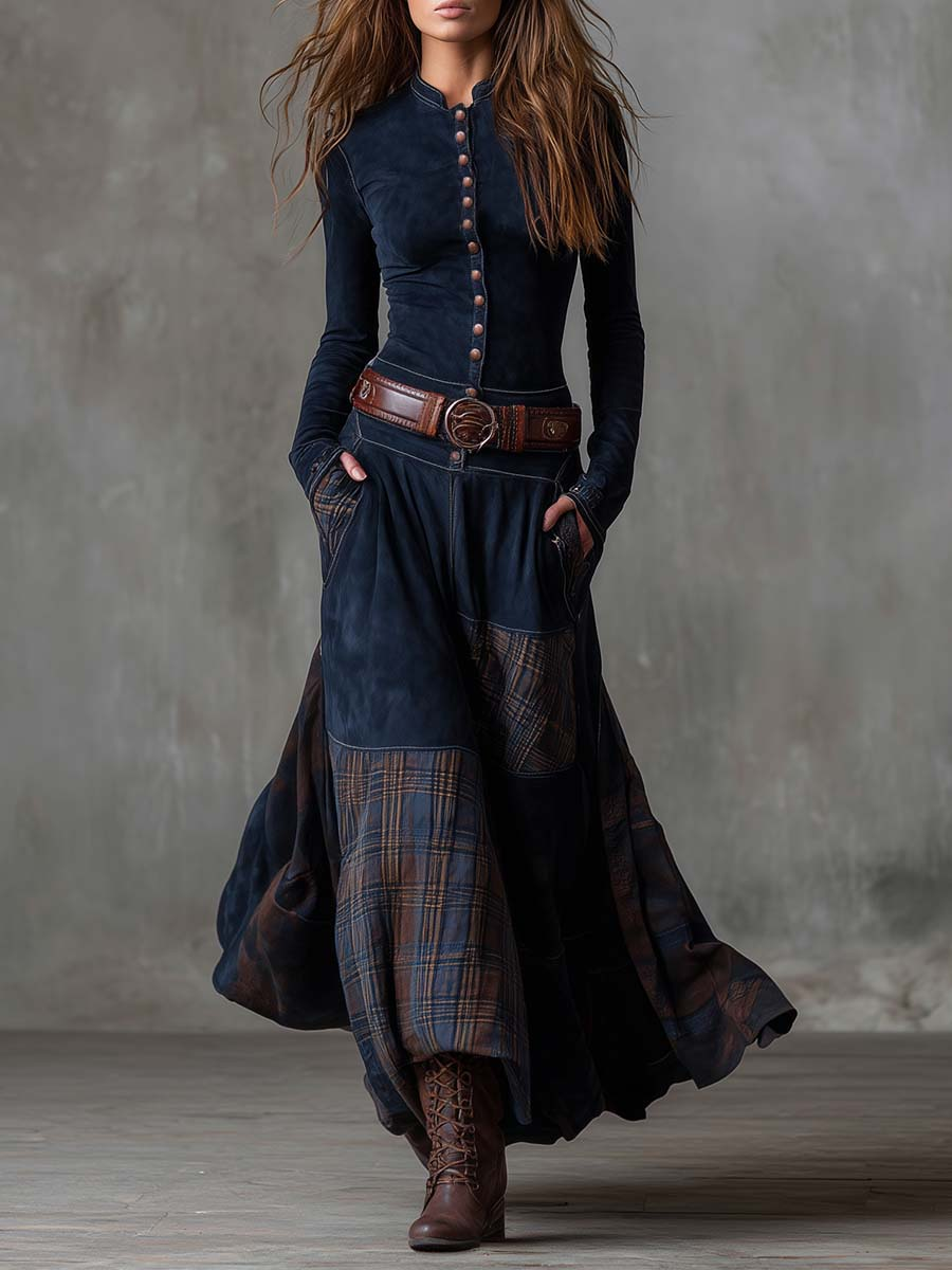 Elisa suede maxi dress with belt in Navy Blue
