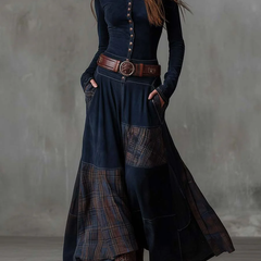 Elisa suede maxi dress with belt, patchwork skirt and ankle boots