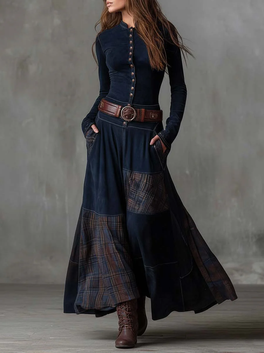 Elisa suede maxi dress with belt, patchwork skirt and ankle boots