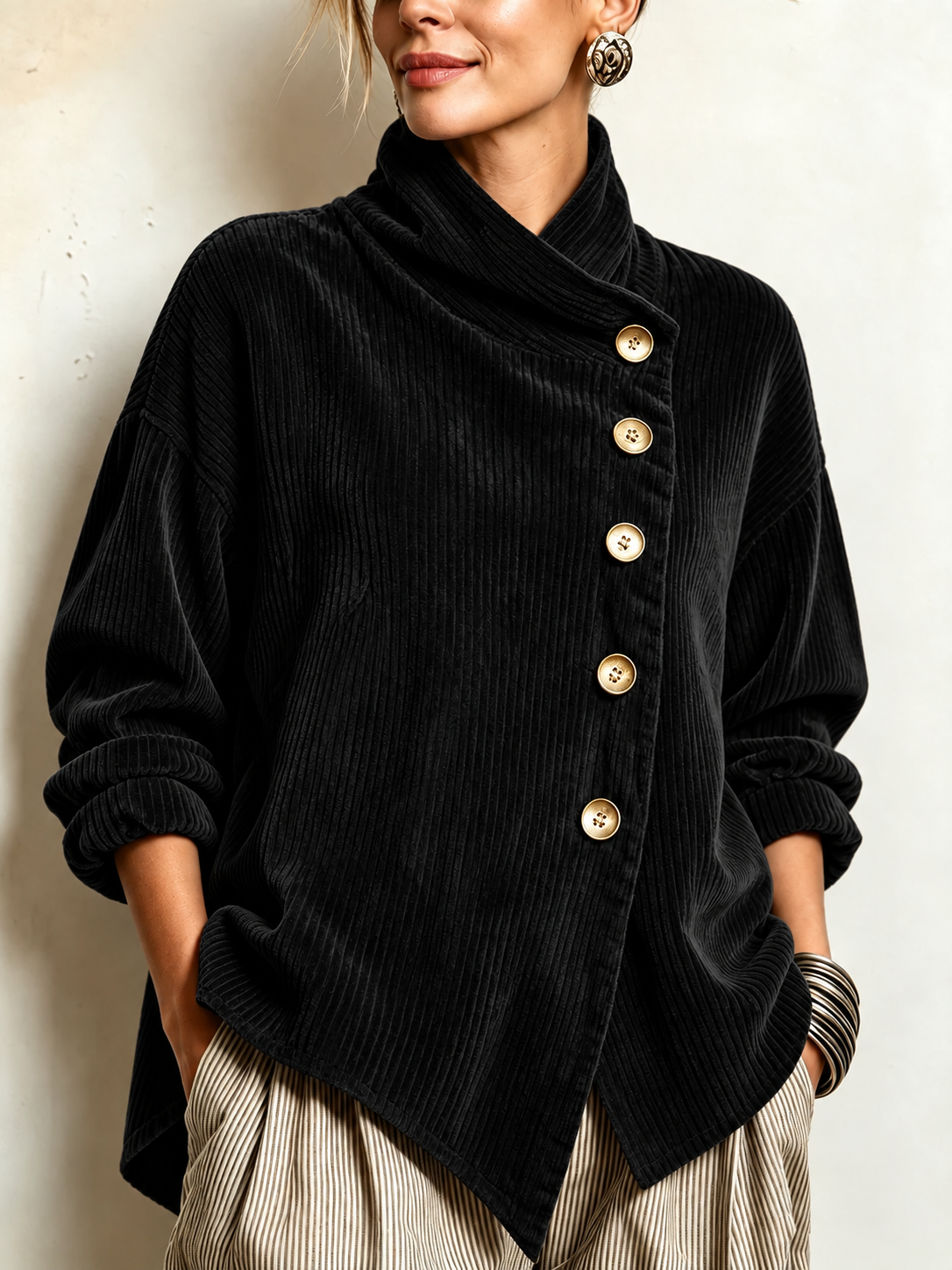 Amber corduroy button up top in Black