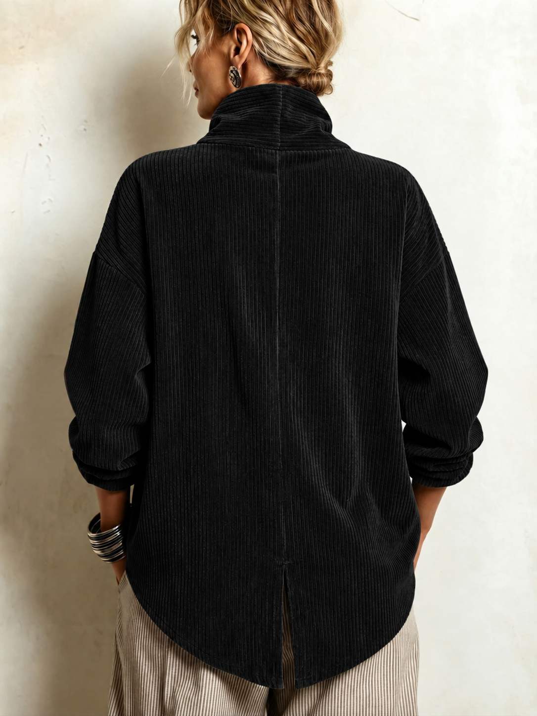 Amber corduroy button up top in Black