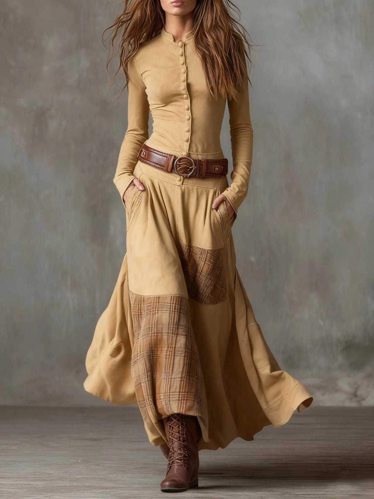 Elisa suede maxi dress with belt in Camel