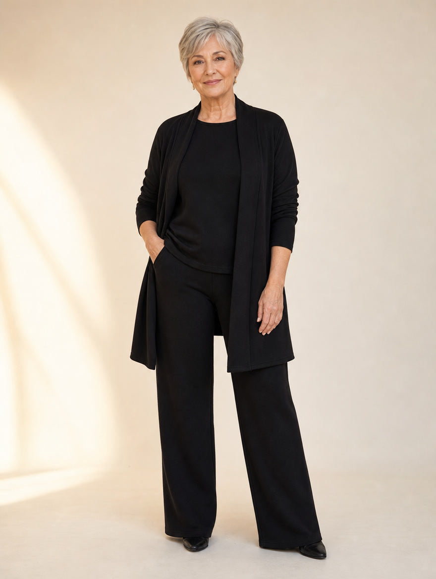 3 Piece Knit Set in Black worn by woman