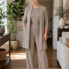 3 Piece Knit Set in Brown worn by woman