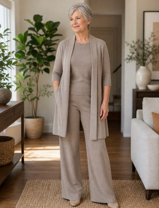 3 Piece Knit Set in Brown worn by woman