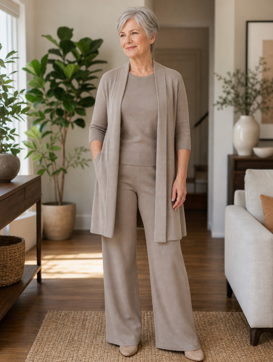 3 Piece Knit Set in Brown worn by woman