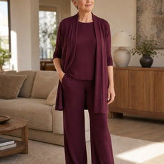 3 Piece Knit Set in Burgundy worn by woman