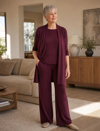 3 Piece Knit Set in Burgundy worn by woman