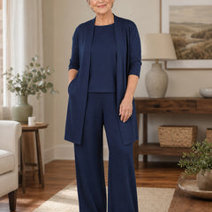 3 Piece Knit Set in Navy worn by woman