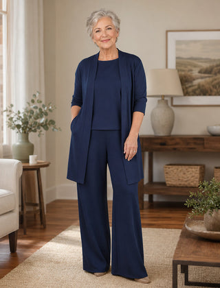 3 Piece Knit Set in Navy worn by woman
