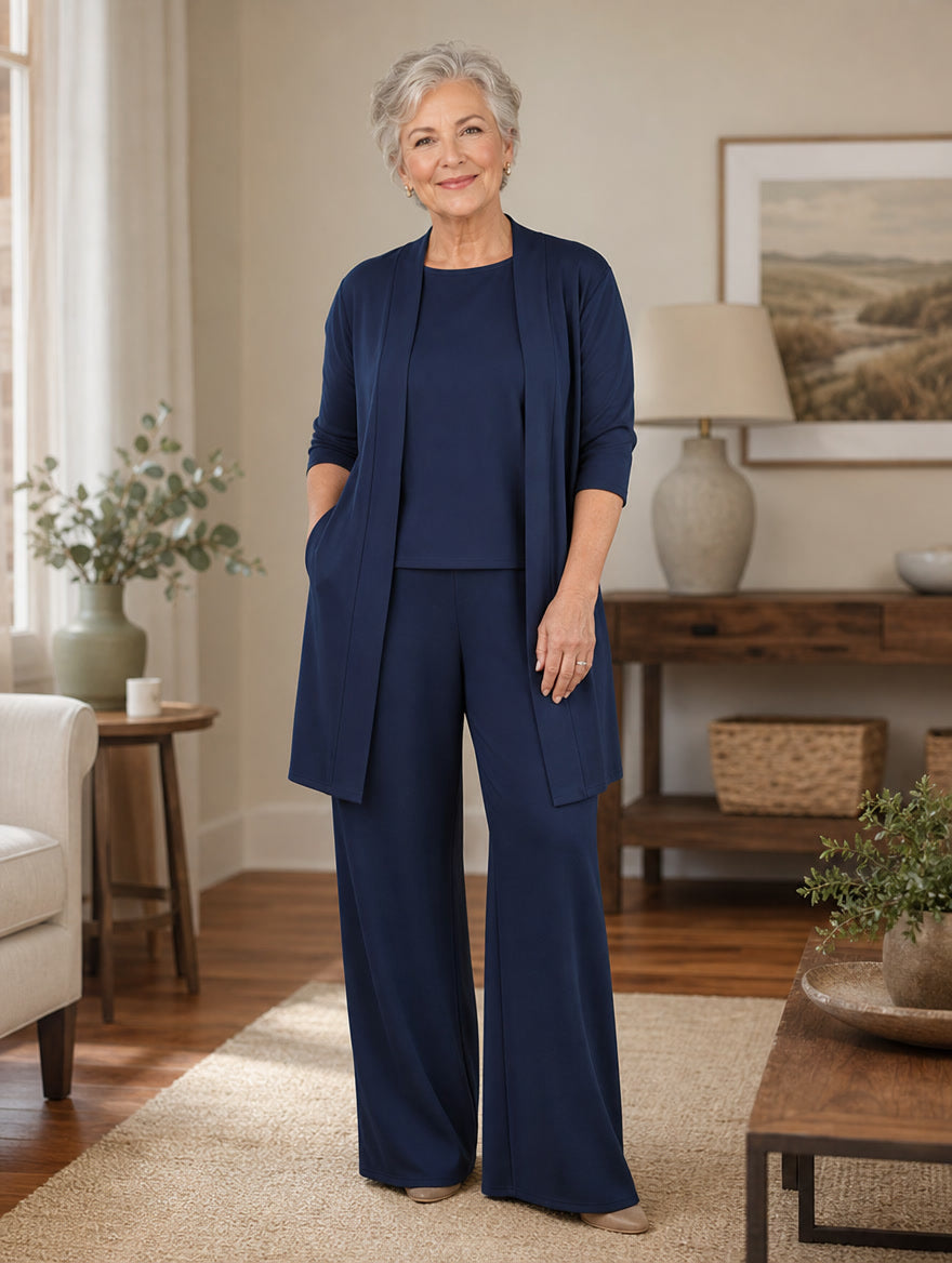 3 Piece Knit Set in Navy worn by woman