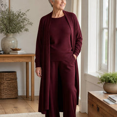 Elegant 3 Piece Set in burgundy worn by woman