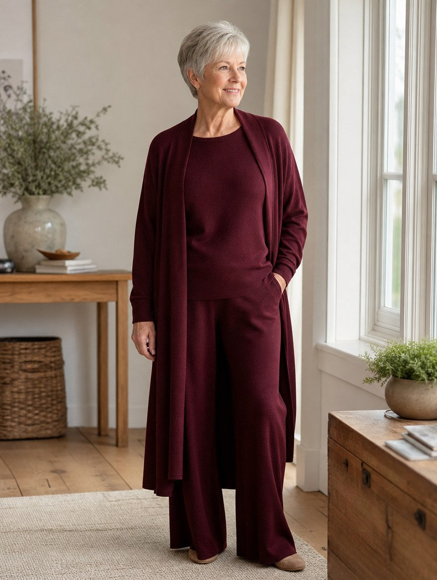 Elegant 3 Piece Set in burgundy worn by woman