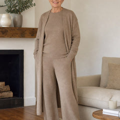 Elegant 3 Piece Set in brown taupe worn by woman