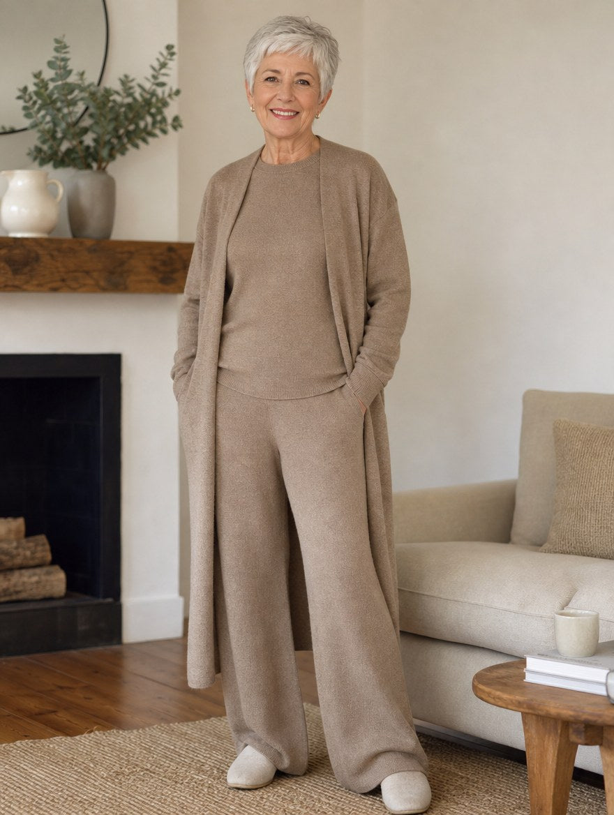 Elegant 3 Piece Set in brown taupe worn by woman
