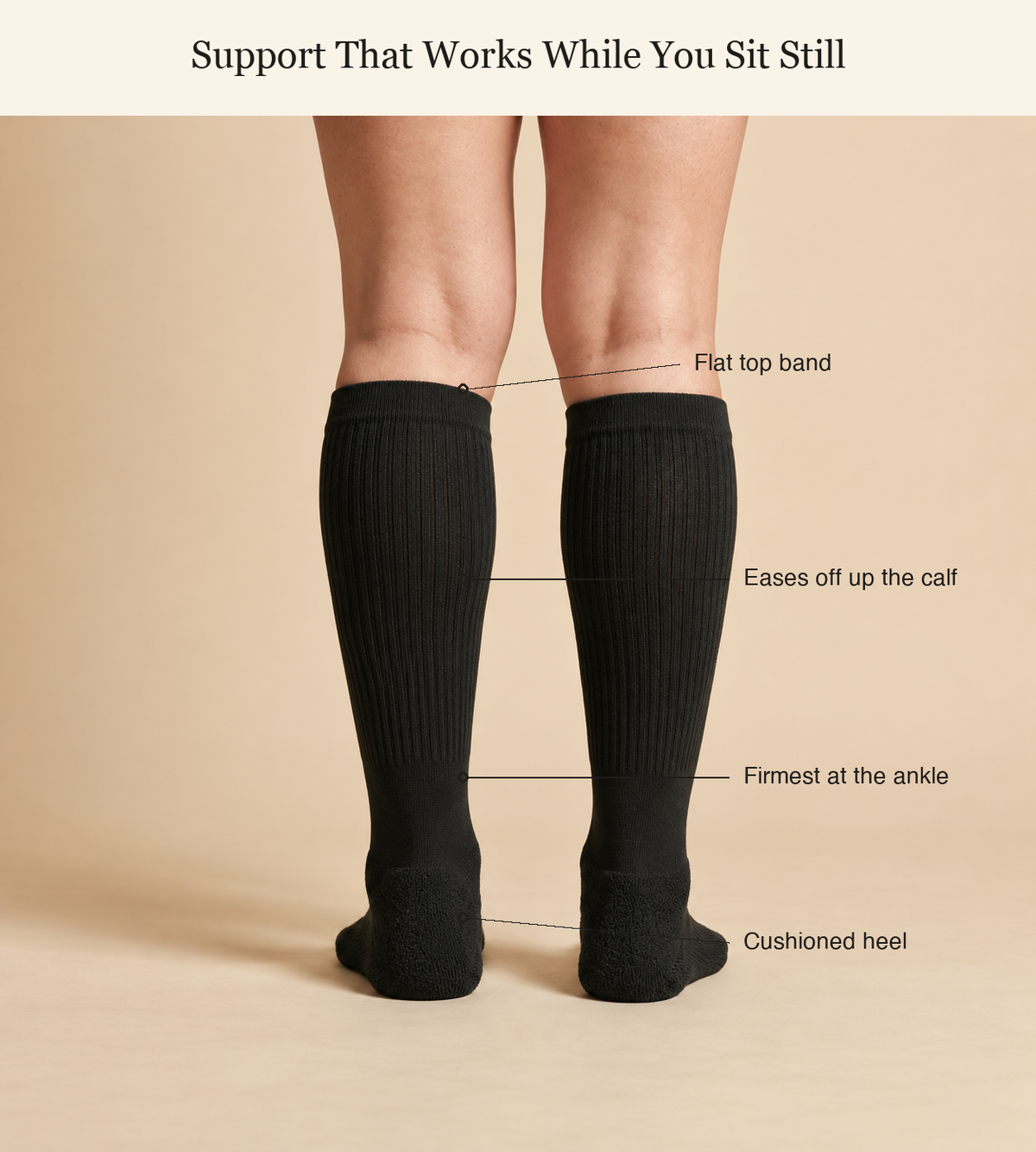Diagram showing the Bramley compression sock support points: flat top band, eases off up the calf, firmest at the ankle, cushioned heel
