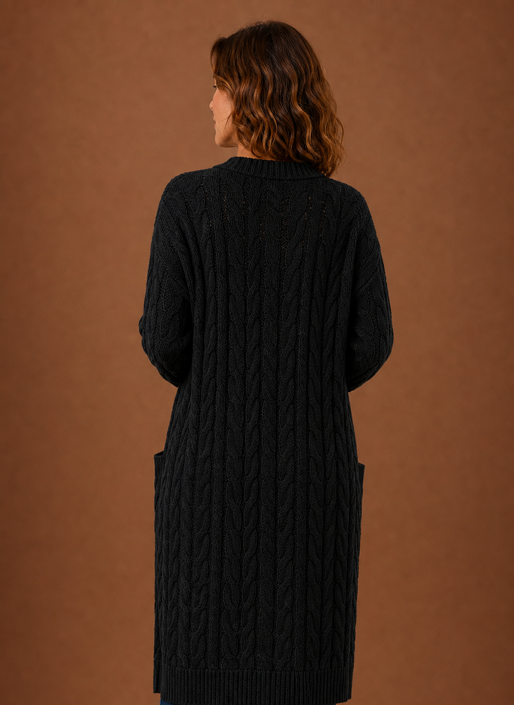 Cable Knit Cardigan for Women - Hooded Long