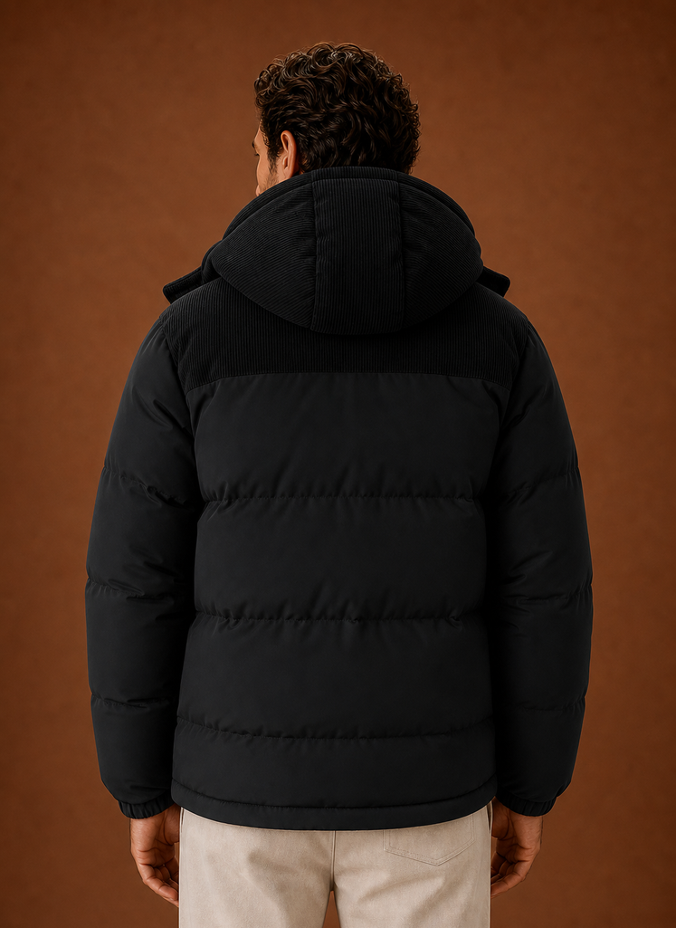 Men's Hooded Winter Puffer Jacket with Corduroy Collar