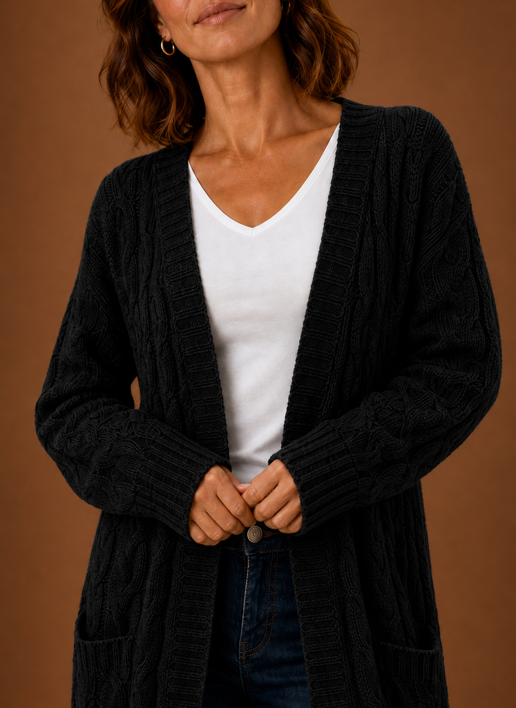 Cable Knit Cardigan for Women - Hooded Long
