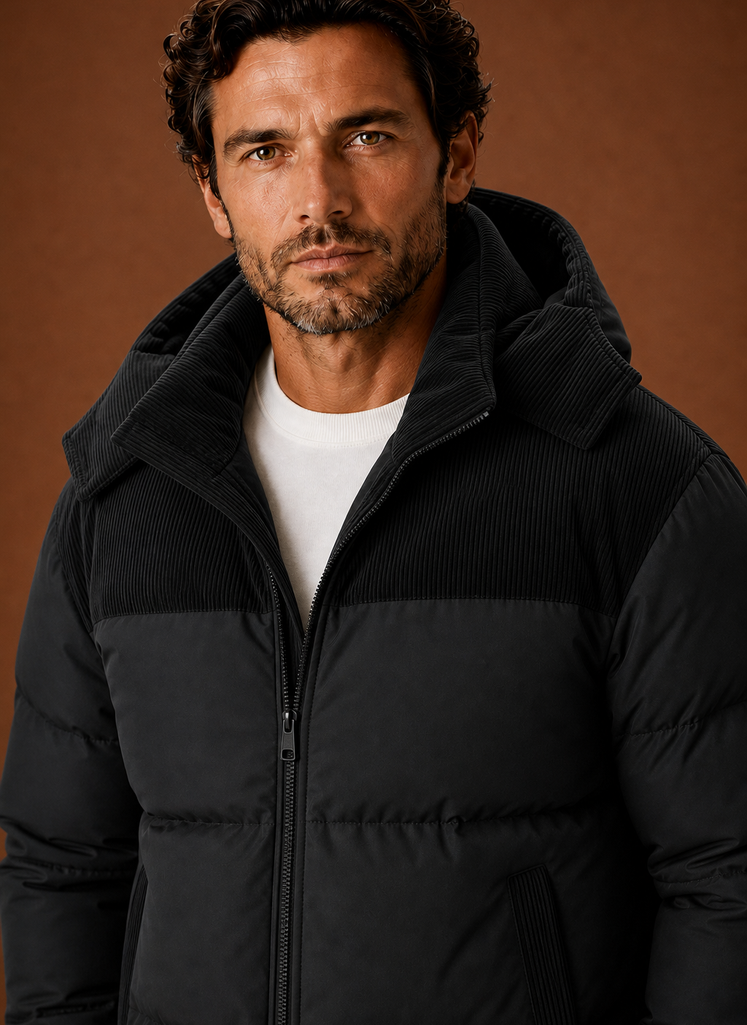 Men's Hooded Winter Puffer Jacket with Corduroy Collar