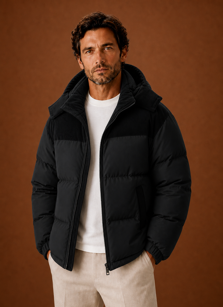 Men's Hooded Winter Puffer Jacket with Corduroy Collar