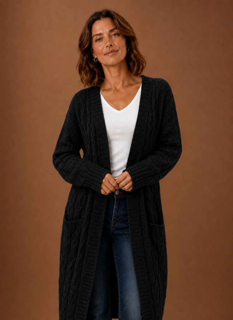 Cable Knit Cardigan for Women - Hooded Long