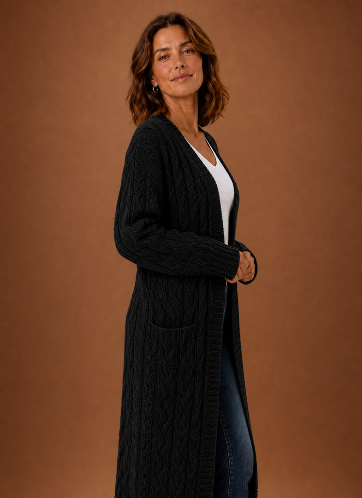 Cable Knit Cardigan for Women - Hooded Long