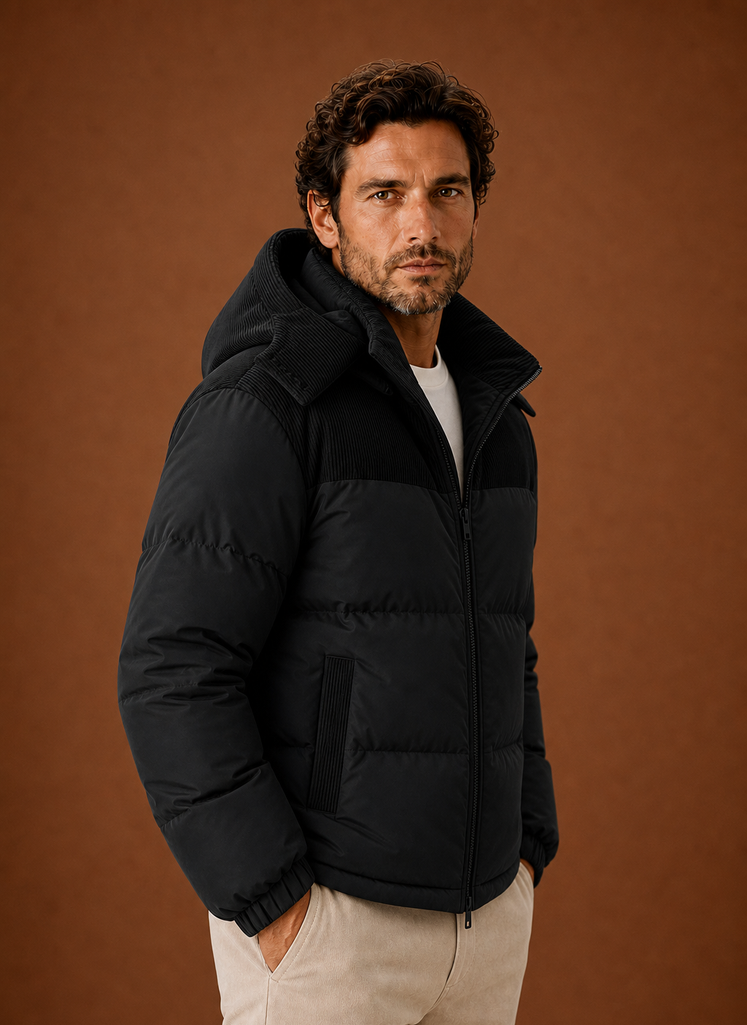 Men's Hooded Winter Puffer Jacket with Corduroy Collar