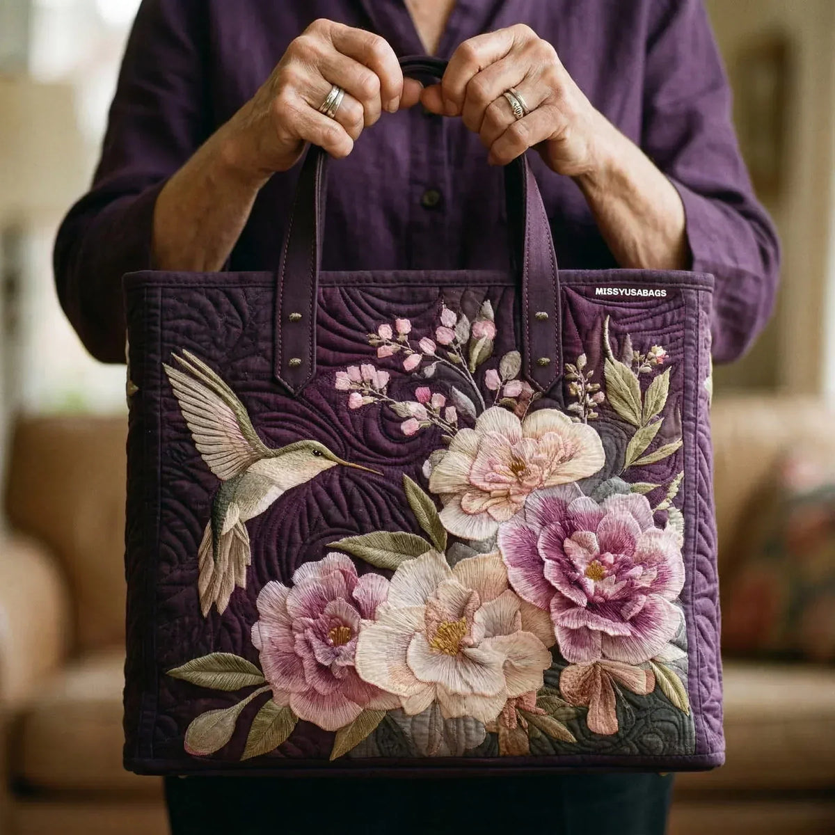 Tote Padded Bag - Hummingbird and Orchids